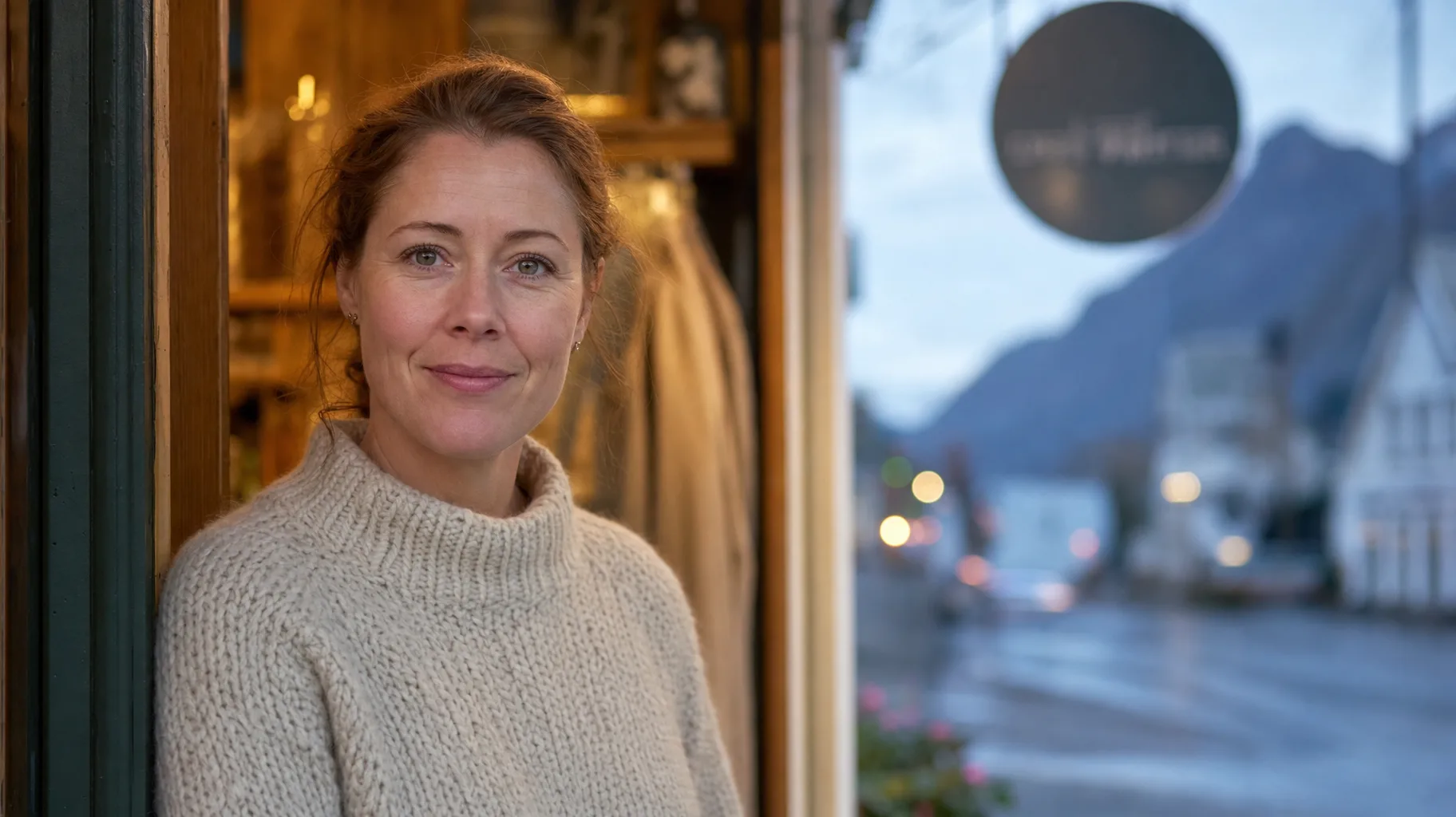 Butikkeier i døråpningen til butikken sin i skumringen, ser rolig inn i kameraet