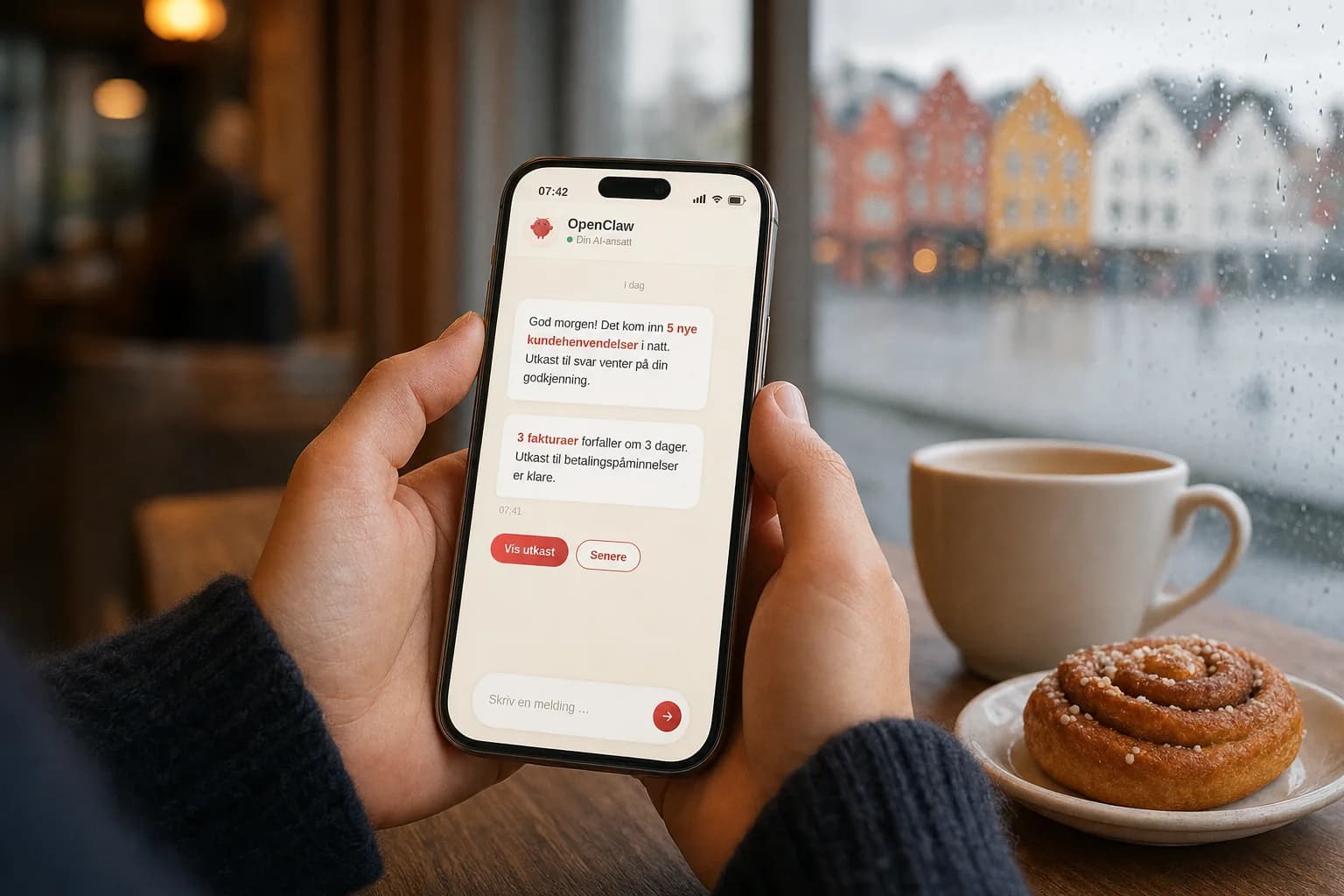 Hender holder en telefon med OpenClaw-chatten åpen på kafé i Bergen — AI-en melder om nye kundehenvendelser og fakturaer som forfaller, med utkast klare for godkjenning