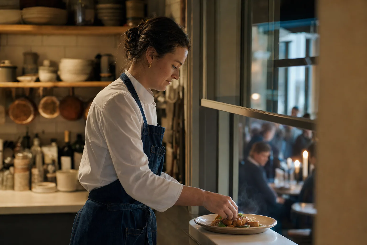 Kokk anretter en tallerken ved passen på en liten bistro i Oslo, med lun spisesal i bakgrunnen