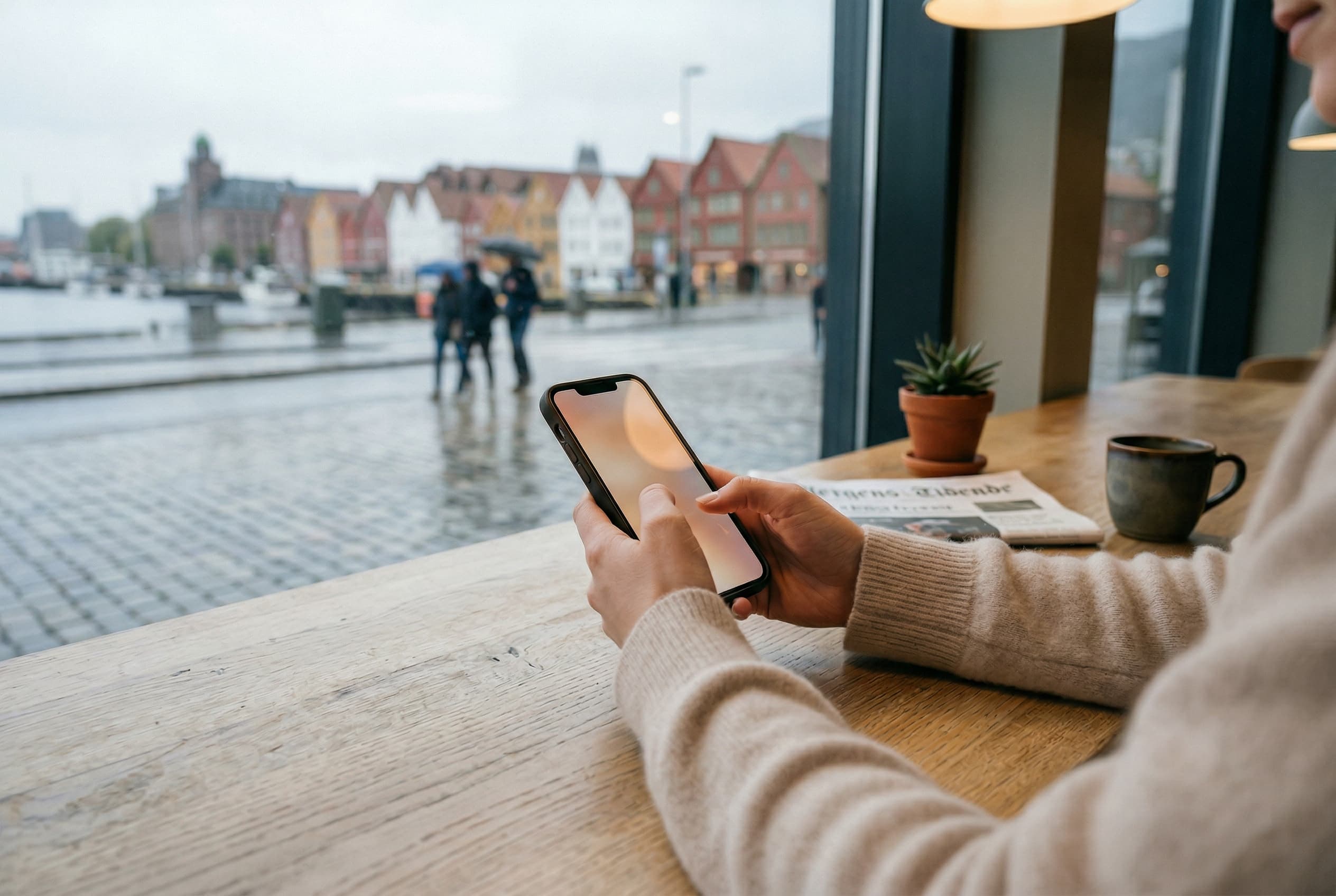 Kvinne sjekker telefonen pa cafe i Bergen med Bryggen i bakgrunnen